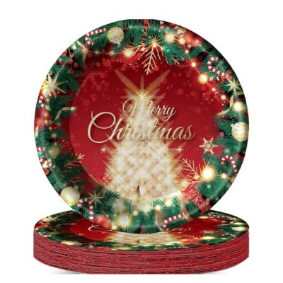 Set 16 Farfurii de Unica Folosinta, Flippy, Model Brad de Craciun Merry Christmas, Tematica Craciun, 23 cm, Rosu/Verde