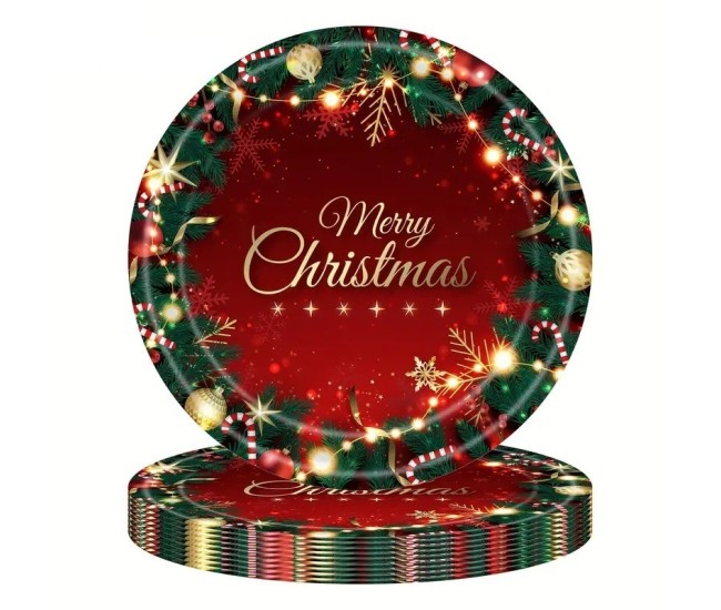 Set 16 Farfurii de Unica Folosinta, Flippy, Model Merry Christmas, Tematica Craciun, 23 cm, Rosu/Verde Set 16 Farfurii de Unica Folosinta, Flippy, Model Merry Christmas, Tematica Craciun, 23 cm, Rosu/Verde