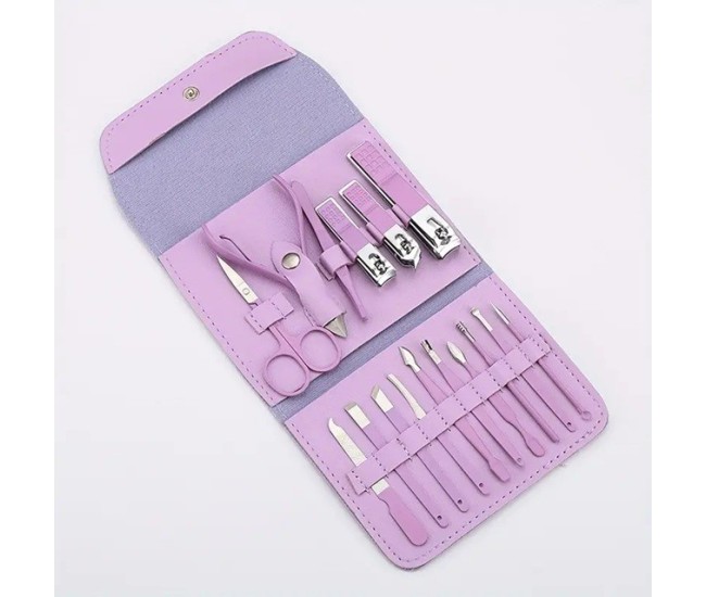 Set 16 Piese de Ingrijire Cosmetica, Flippy, pentru Manichiura, Pedichiura, Fata, Geanta Organizatoare din Piele Ecologica Inclusa, Mov