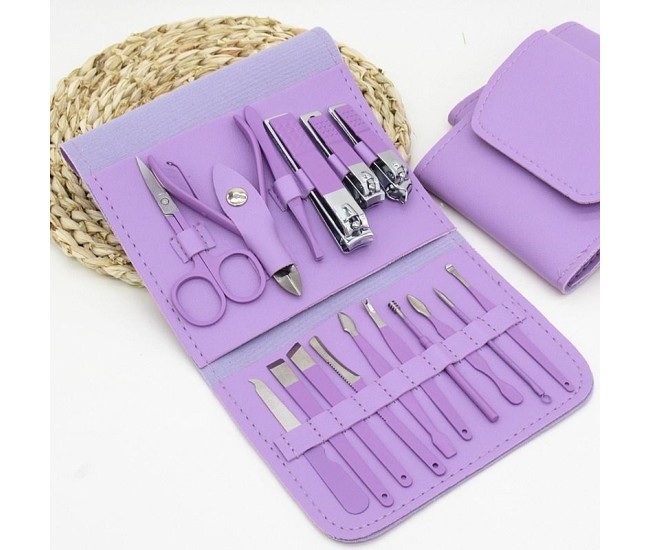 Set 16 Piese de Ingrijire Cosmetica, Flippy, pentru Manichiura, Pedichiura, Fata, Geanta Organizatoare din Piele Ecologica Inclusa, Mov