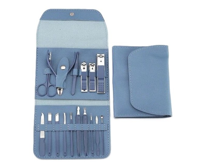 Set 16 Piese de Ingrijire Cosmetica, Flippy, pentru Manichiura, Pedichiura, Fata, Geanta Organizatoare din Piele Ecologica Inclusa, Albastru