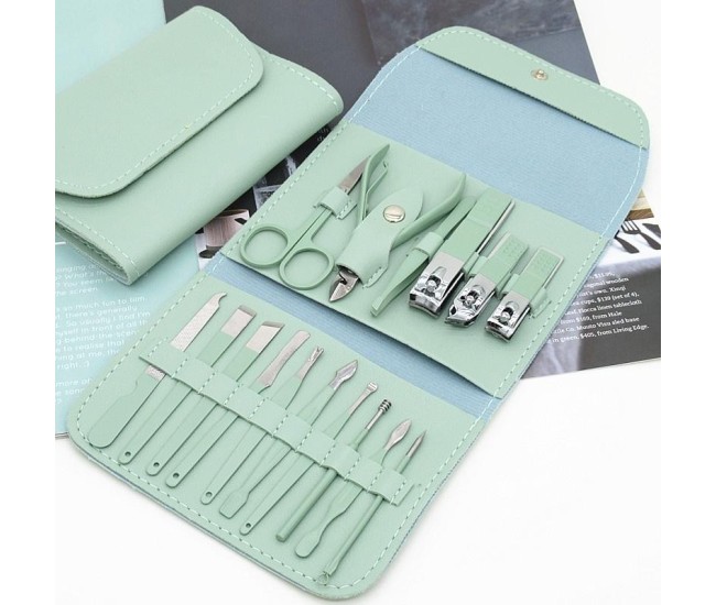 Set 16 Piese de Ingrijire Cosmetica, Flippy, pentru Manichiura, Pedichiura, Fata, Geanta Organizatoare din Piele Ecologica Inclusa, Verde Set 16 Piese de Ingrijire Cosmetica, Flippy, pentru Manichiura, Pedichiura, Fata, Geanta Organizatoare din Piele Ecologica Inclusa, Verde