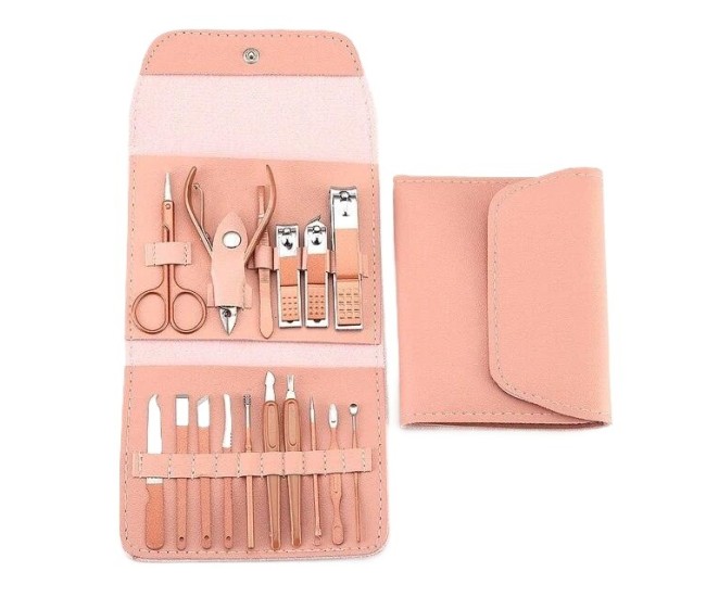 Set 16 Piese de Ingrijire Cosmetica, Flippy, pentru Manichiura, Pedichiura, Fata, Geanta Organizatoare din Piele Ecologica Inclusa, Roz Set 16 Piese de Ingrijire Cosmetica, Flippy, pentru Manichiura, Pedichiura, Fata, Geanta Organizatoare din Piele Ecologica Inclusa, Roz