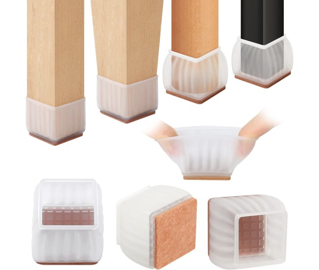 Set 16 Protectii pentru Picioare Scaun si Podea, Flippy, Universale din Silicon, Model Patrat, Alb Transparent