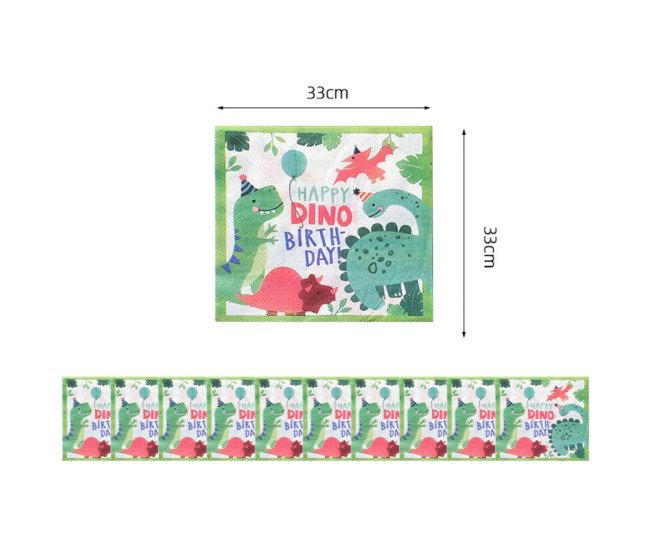 Set 20 de Servetele de Masa Happy Birthday, Flippy, Model Dinozauri, Tematica Aniversare, 33x33 cm, Verde