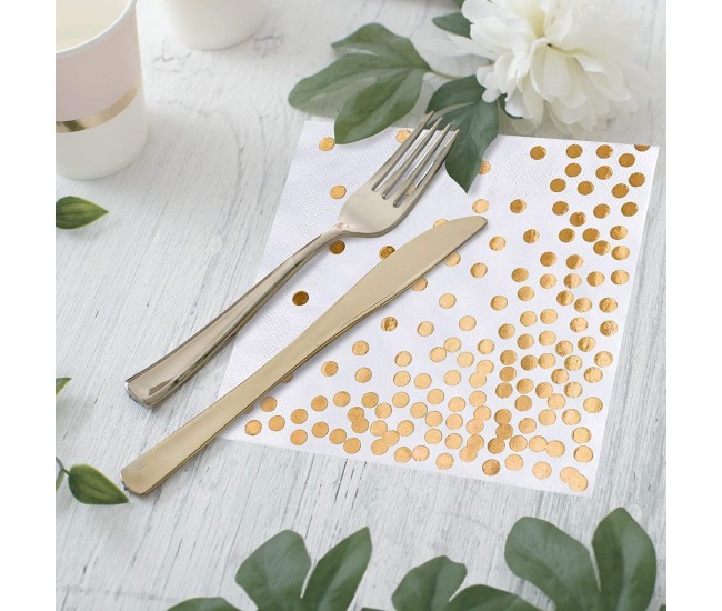 Set 20 de Servetele de Masa, Flippy, Imprimeu cu Buline Aurii, din Hartie, 17 x 17 cm, Alb