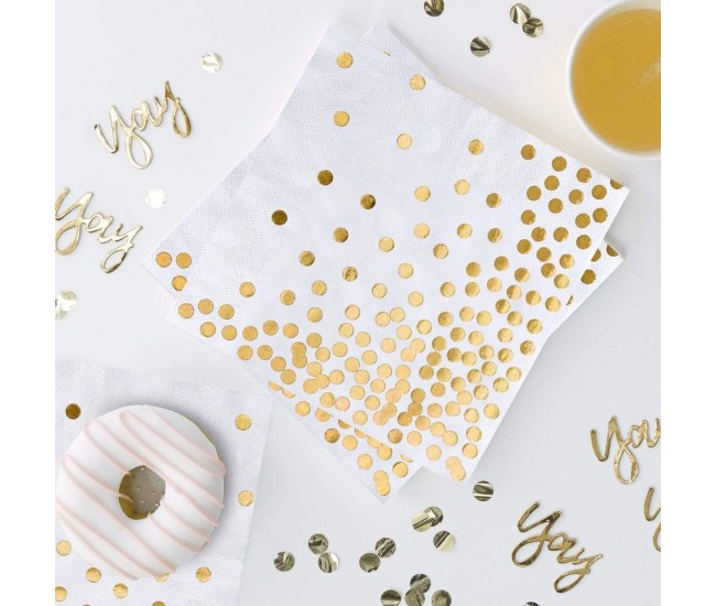 Set 20 de Servetele de Masa, Flippy, Imprimeu cu Buline Aurii, din Hartie, 17 x 17 cm, Alb