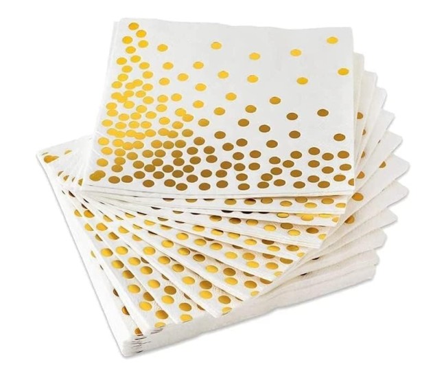 Set 20 de Servetele de Masa, Flippy, Imprimeu cu Buline Aurii, din Hartie, 17 x 17 cm, Alb