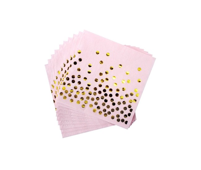Set 20 de Servetele de Masa, Flippy, Imprimeu cu Buline Aurii, din Hartie, 17 x 17 cm, Roz