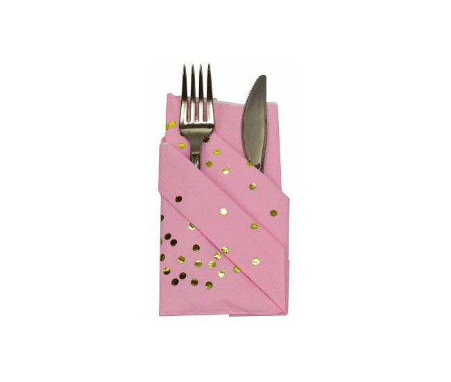 Set 20 de Servetele de Masa, Flippy, Imprimeu cu Buline Aurii, din Hartie, 17 x 17 cm, Roz