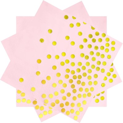 Set 20 de Servetele de Masa, Flippy, Imprimeu cu Buline Aurii, din Hartie, 17 x 17 cm, Roz