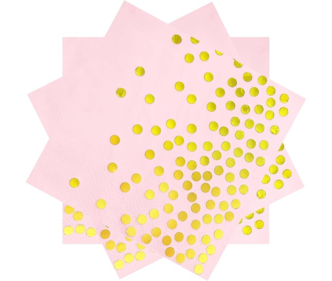 Set 20 de Servetele de Masa, Flippy, Imprimeu cu Buline Aurii, din Hartie, 17 x 17 cm, Roz