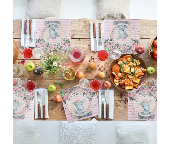 Set 20 de Servetele de Masa, Flippy, Imprimeu Elefant, din Hartie, 16.5 x 16.5 cm, Roz