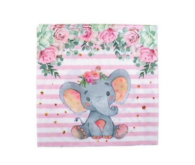Set 20 de Servetele de Masa, Flippy, Imprimeu Elefant, din Hartie, 16.5 x 16.5 cm, Roz