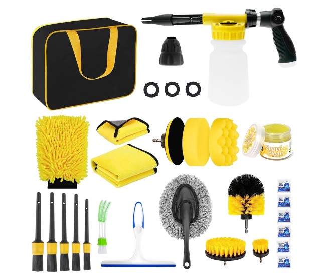 Set 26 Accesorii pentru Curatare Auto, Flippy, din PP si Microfibra, Interior/Exterior, 30.5 x 27.5 x 16 cm, Galben/Negru