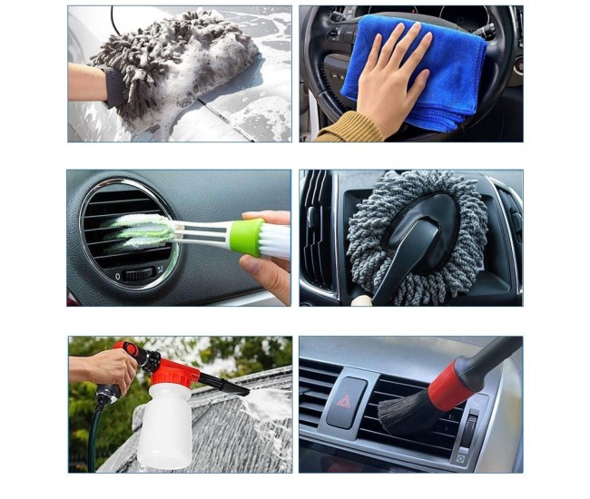 Set 29 Accesorii pentru Curatare Auto, Flippy, din PP si Microfibra, Interior/Exterior, 30 x 24 x 12 cm, Albastru/Negru