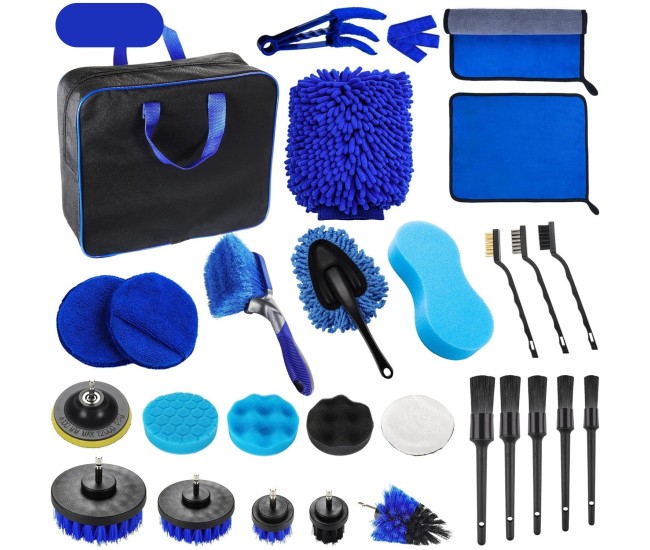 Set 29 Accesorii pentru Curatare Auto, Flippy, din PP si Microfibra, Interior/Exterior, 30 x 24 x 12 cm, Albastru/Negru