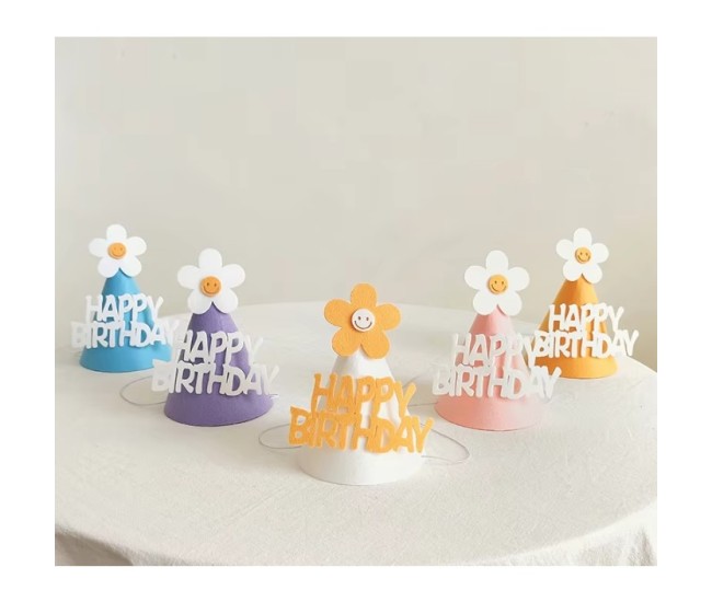 Set 3 Coifuri Happy Birthday, Flippy, pentru Petrecere, Tematica Aniversare, cu Floare din Spuma, Multicolor