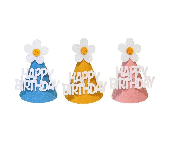 Set 3 Coifuri Happy Birthday, Flippy, pentru Petrecere, Tematica Aniversare, cu Floare din Spuma, Multicolor