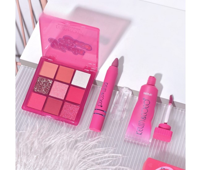 Set 3 Produse de Machiaj, KEVIN & COCO, Pink Hearted, 9 culori, 15.5 x 13 x 3.4 cm Set 3 Produse de Machiaj, KEVIN & COCO, Pink Hearted, 9 culori, 15.5 x 13 x 3.4 cm