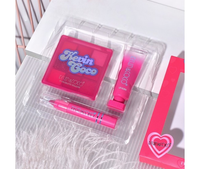Set 3 Produse de Machiaj, KEVIN & COCO, Pink Hearted, 9 culori, 15.5 x 13 x 3.4 cm Set 3 Produse de Machiaj, KEVIN & COCO, Pink Hearted, 9 culori, 15.5 x 13 x 3.4 cm