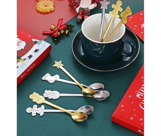 Set 4 Lingurite, Flippy, Tema Craciun, din Otel Inoxidabil, 4 Modele Festive, Cutie Cadou, 14 x 14 x 2.5 cm, Auriu
