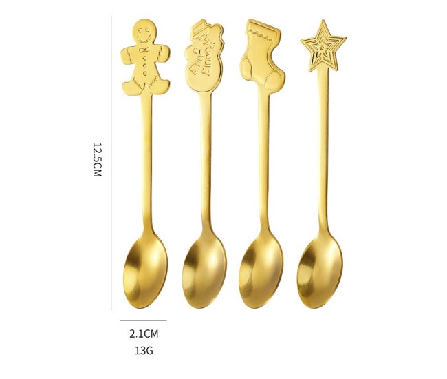 Set 4 Lingurite, Flippy, Tema Craciun, din Otel Inoxidabil, 4 Modele Festive, Cutie Cadou, 14 x 14 x 2.5 cm, Auriu