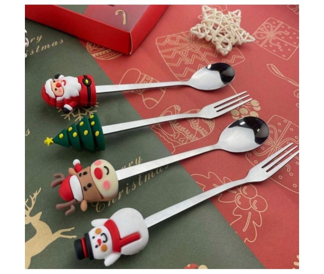 Set 4 Tacamuri, Flippy, cu Figurine de Craciun, din Otel Inoxidabil, 2 Furculite, 2 Linguri, Cutie Festiva, 13.5 cm, Rosu
