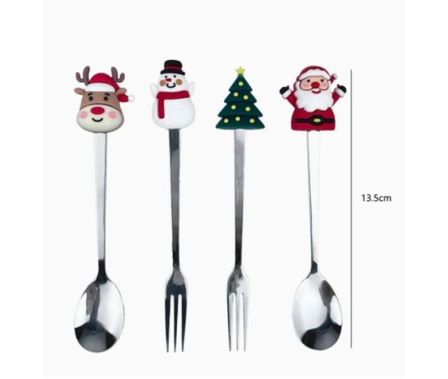 Set 4 Tacamuri, Flippy, cu Figurine de Craciun, din Otel Inoxidabil, 2 Furculite, 2 Linguri, Cutie Festiva, 13.5 cm, Rosu
