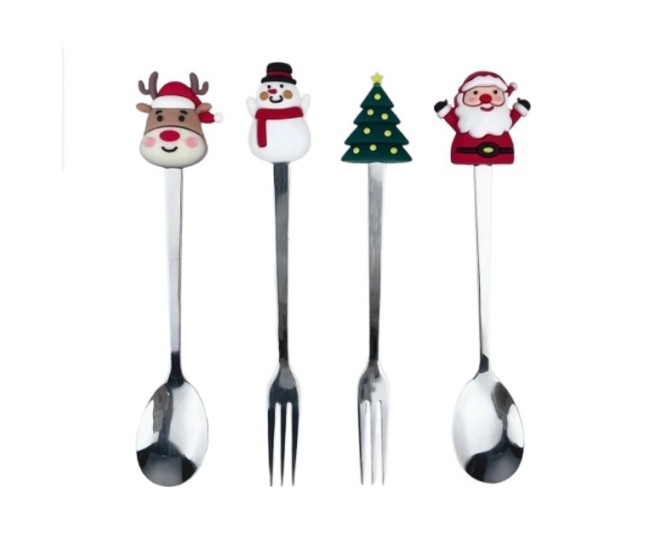 Set 4 Tacamuri, Flippy, cu Figurine de Craciun, din Otel Inoxidabil, 2 Furculite, 2 Linguri, Cutie Festiva, 13.5 cm, Rosu