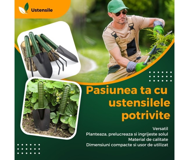 Set 4 Unelte de Gradina Flippy, pentru Plantare Prelucrare Sol si Ingrijire Plante, Material PVC si cardboard, 25 x 8.5 cm, verde