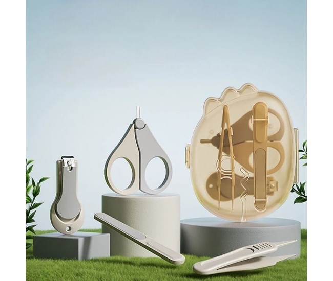 Set 4in1 de Ingrijire Unghii pentru Bebelusi, Flippy, Cutie de Depozitare Dinozaur Transparent, 0-6 Ani, 11.5 x 9 x 3 cm, Bej