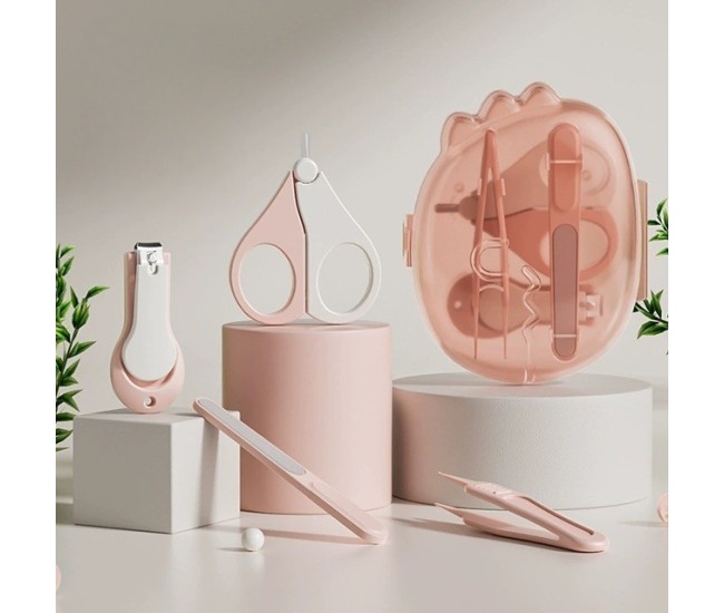 Set 4in1 de Ingrijire Unghii pentru Bebelusi, Flippy, Cutie de Depozitare Dinozaur Transparent, 0-6 Ani, 11.5 x 9 x 3 cm, Roz