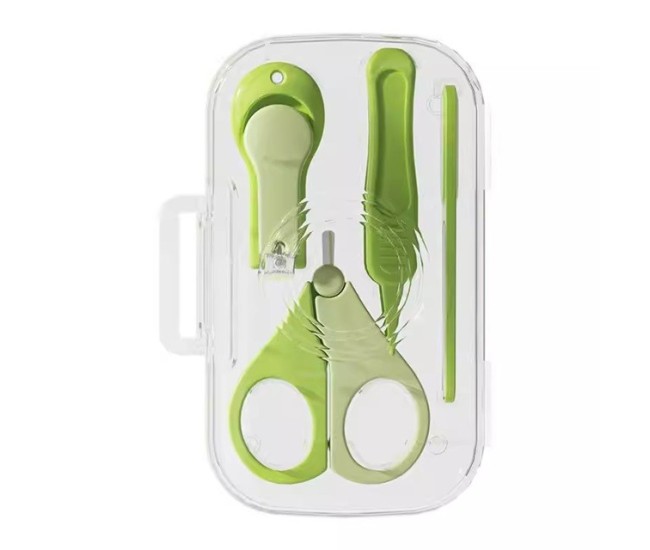 Set 4in1 de Ingrijire Unghii pentru Bebelusi, Flippy, Cutie de Depozitare Texturata, 0-6 Ani, 13.6x8x2 cm, Verde