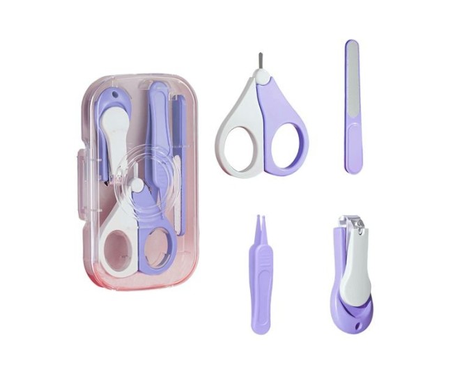 Set 4in1 de Ingrijire Unghii pentru Bebelusi, Flippy, Cutie de Depozitare Texturata, 0-6 Ani, 13.6x8x2 cm, Mov