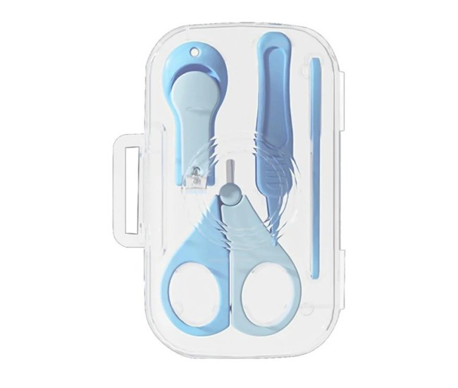 Set 4in1 de Ingrijire Unghii pentru Bebelusi, Flippy, Cutie de Depozitare Texturata, 0-6 Ani, 13.6x8x2 cm, Albastru