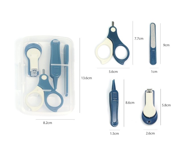 Set 4in1 de Ingrijire Unghii pentru Bebelusi, Flippy, Cutie de Depozitare Transparenta, 0-6 Ani, 13.6x8x2 cm, Albastru Marin