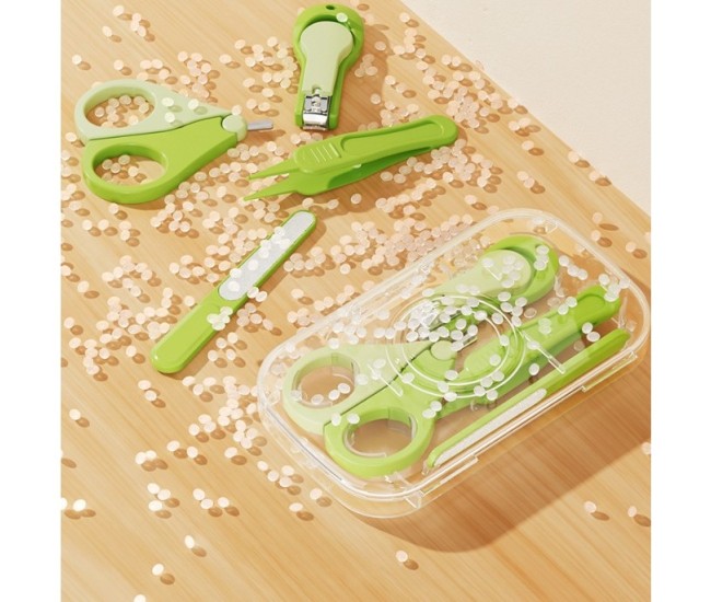 Set 4in1 de Ingrijire Unghii pentru Bebelusi, Flippy, Cutie de Depozitare Transparenta, 0-6 Ani, 13.6x8x2 cm, Verde