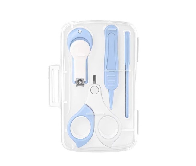 Set 4in1 de Ingrijire Unghii pentru Bebelusi, Flippy, Cutie de Depozitare Transparenta, 0-6 Ani, 13.6x8x2 cm, Albastru Deschis