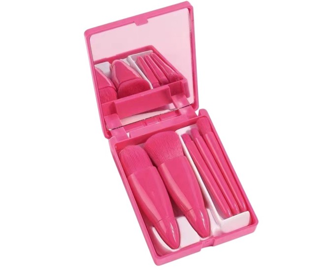 Set 5 Mini Pensule de Machiaj, Flippy, Portabile, in Carcasa cu Oglinda, din Par Sintetic Moale, Fucsia, 12x7x2.5 cm Set 5 Mini Pensule de Machiaj, Flippy, Portabile, in Carcasa cu Oglinda, din Par Sintetic Moale, Fucsia, 12x7x2.5 cm