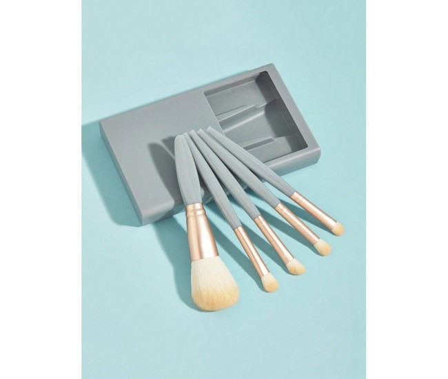 Set 5 Pensule de Machiaj cu Peri Moi, Flippy, cu Suport pentru Depozitare si Oglinda, Albastru