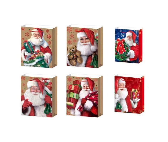 Set 6 Pungi Cadou, Flippy, Imprimeu Tematica Mos Craciun, Model Random, din Hartie, Impachetare Usoara a Cadourilor, 18.5x22.5x8.5 cm, Multicolor