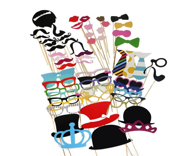 Set 60 de Accesorii pentru Petrecere, Flippy, Props pentru Coltul de Poze, Ochelari, Palarii, Mustata, Cravata, pentru Evenimente, Multicolor