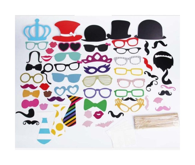 Set 60 de Accesorii pentru Petrecere, Flippy, Props pentru Coltul de Poze, Ochelari, Palarii, Mustata, Cravata, pentru Evenimente, Multicolor