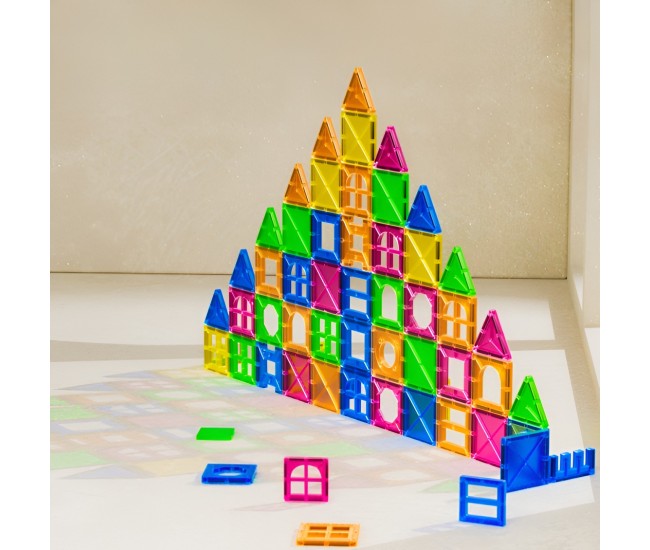 Set 88 Piese Magnetice de Constructie, Flippy, Piese 5.5 cm, Magnetic Tiles, Forme Geometrice, 3 Ani, ABS, Magnet, 27.5 x 21.5 x 17 cm, Multicolor