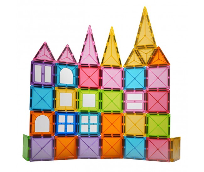 Set 88 Piese Magnetice de Constructie, Flippy, Piese 5.5 cm, Magnetic Tiles, Forme Geometrice, 3 Ani, ABS, Magnet, 27.5 x 21.5 x 17 cm, Multicolor