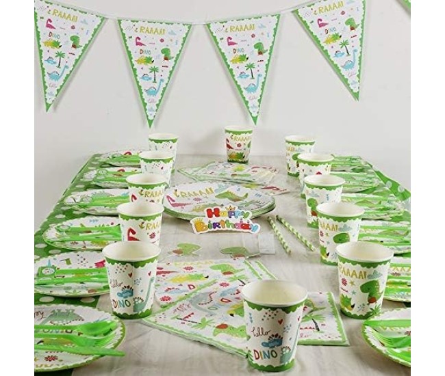 Set 9 Accesorii de Masa, Flippy, Colectia Dino Park, 82 Piese, din Carton/Plastic/Hartie, Multicolor