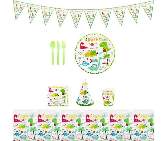 Set 9 Accesorii de Masa, Flippy, Colectia Dino Park, 82 Piese, din Carton/Plastic/Hartie, Multicolor