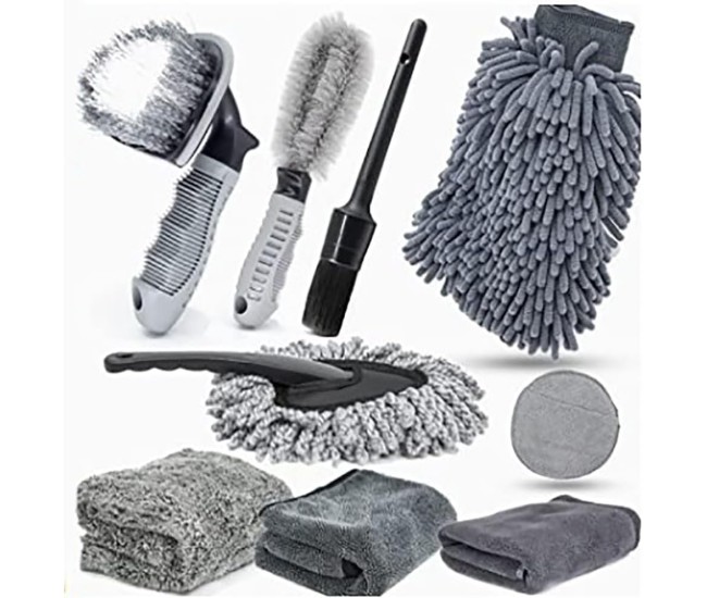 Set 9 Piese pentru Spalat Auto, Flippy, din Plastic si Microfibra, Perii si Lavete, Model B, Gri Set 9 Piese pentru Spalat Auto, Flippy, din Plastic si Microfibra, Perii si Lavete, Model B, Gri