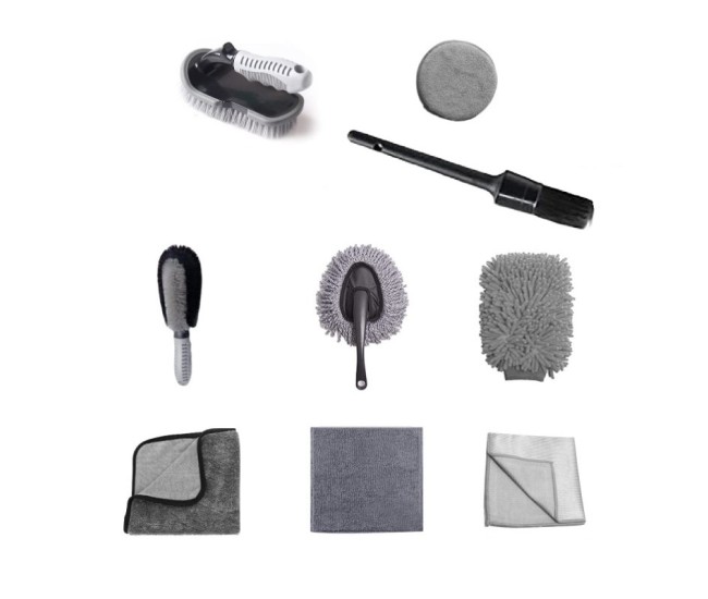 Set 9 Piese pentru Spalat Auto, Flippy, din Plastic si Microfibra, Perii si Lavete, Model B, Gri Set 9 Piese pentru Spalat Auto, Flippy, din Plastic si Microfibra, Perii si Lavete, Model B, Gri